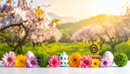 Colorful easter eggs and spring flowers on white table with blurred backgroundの素材