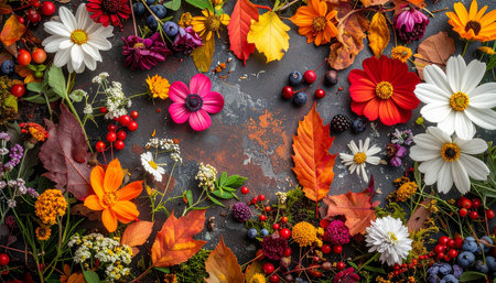 Autumn floral background with flowers, berries and leaves. Top viewの素材