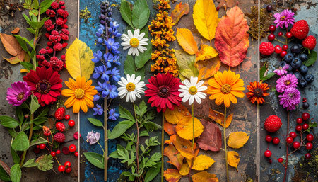 Autumn background with colorful leaves, berries and flowers. Top viewの素材