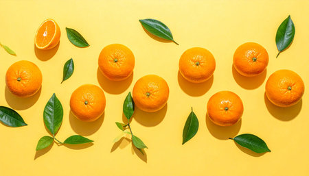 Tangerines with leaves on yellow background. Flat lay, top viewの素材