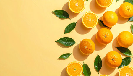Oranges with green leaves on yellow background. Flat lay, top viewの素材