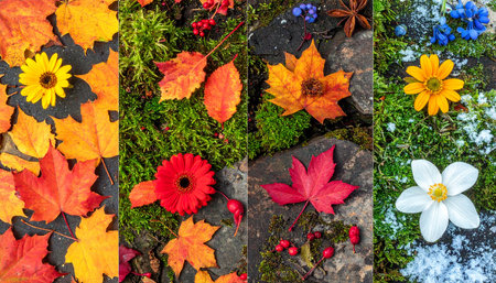 Colorful autumn leaves and flowers on the ground covered with snow.の素材
