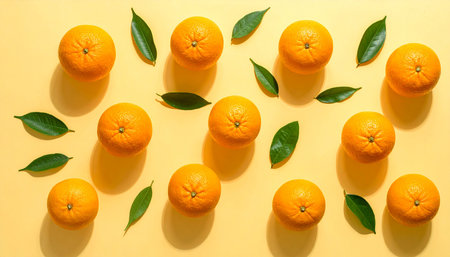Tangerines with green leaves on yellow background. Flat lay, top viewの素材