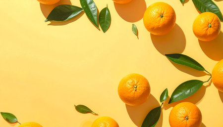 Tangerines with leaves on yellow background, flat lay. Space for textの素材