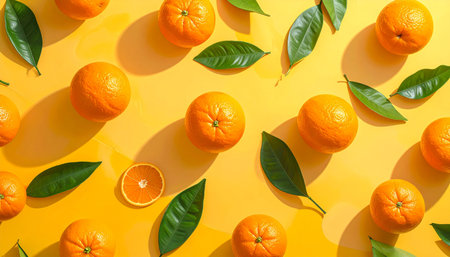 Creative layout made of tangerines and leaves on yellow background. Flat lay, top view.の素材
