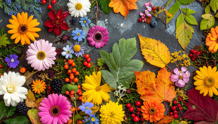 Autumn background with colorful flowers, berries and leaves. Top viewの素材