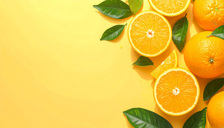 Fresh oranges with green leaves on yellow background. Flat lay, top viewの素材