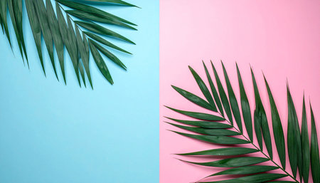 Green palm leaves on pink and blue background, flat lay. Space for textの素材