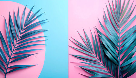 Creative layout made of tropical palm leaves on pink and blue background. Flat lay, top view minimal summer concept.の素材