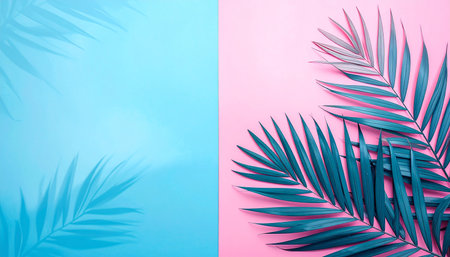Tropical palm leaves on pink and blue background. Minimal summer conceptの素材