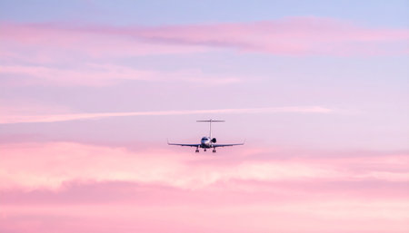 Airplane in the sky at sunset. Airplane in the skyの素材