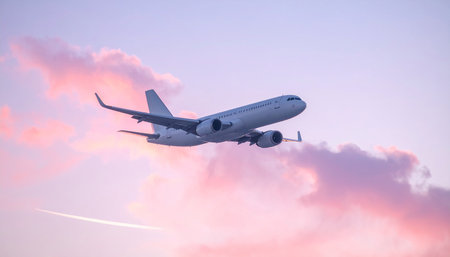 Airplane in the sky with clouds at sunset. Travel concept.の素材