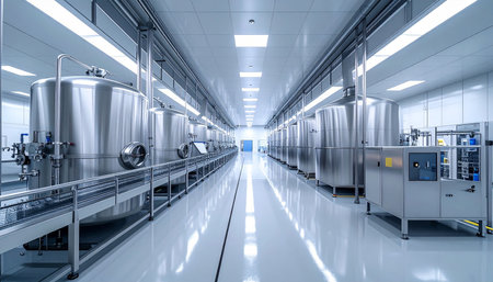 Industrial interior of a brewery factory. Conveyor belt with bottlesの素材