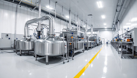 Modern brewery production line. Industrial interior of beverage factory. Industrial backgroundの素材