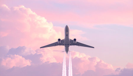 Airplane flying in the sky with clouds at sunset. Travel concept.の素材