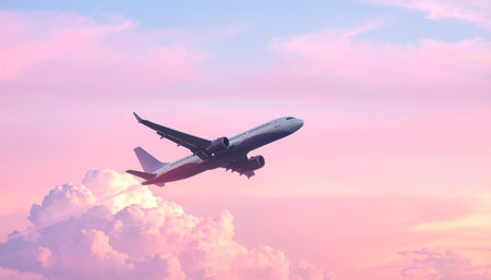 Airplane in the sky at sunset, Business travel and transportation conceptの素材