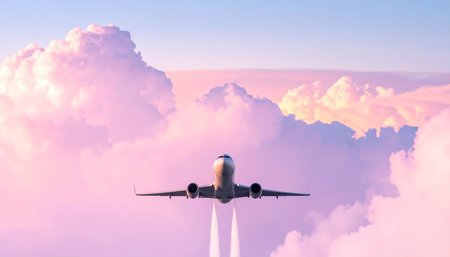 Airplane in the sky with clouds. 3d render illustration.の素材
