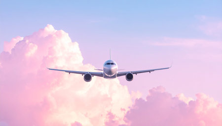 Airplane flying in the sky at sunset. Business travel and transportation concept.の素材