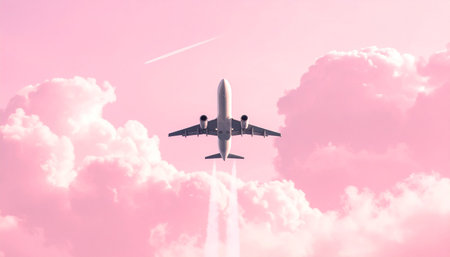 Airplane flying in the sky. Business travel and transportation concept.の素材