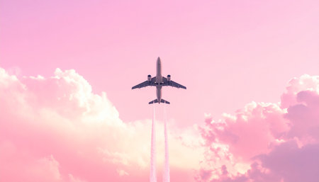 Airplane in the sky with clouds at sunset. Travel concept.の素材