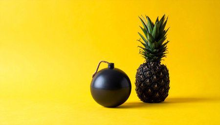 Black bomb with pineapple on yellow background. Minimal still life.の素材