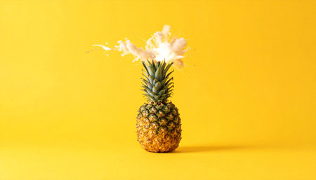 Pineapple with sparkler on a yellow background. Minimal concept.の素材