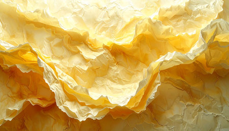 Texture of crumpled yellow paper as background, closeup of photoの素材
