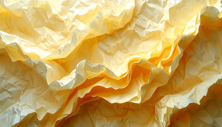 Yellow crumpled paper background. Close up of crumpled paper.の素材