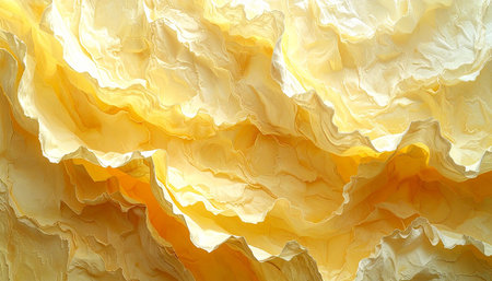 Abstract background of yellow crumpled paper, closeup of photoの素材