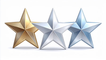 3d rendering of silver and gold stars on a white background.の素材