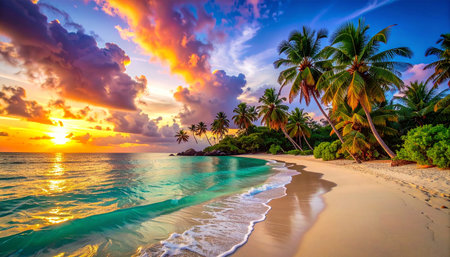 Beautiful sunset on a tropical beach with palm trees and turquoise waterの素材