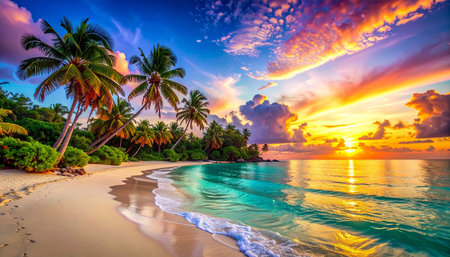 Tropical beach with palm trees at sunset, Seychellesの素材