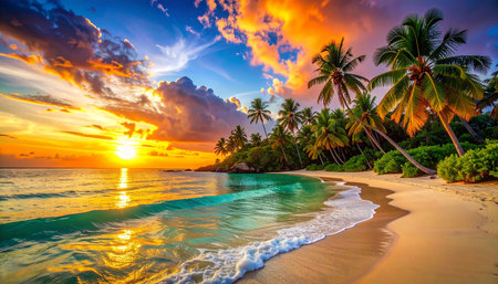 Beautiful tropical beach with coconut palm trees at sunset, Seychellesの素材