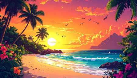 Tropical beach with palm trees and flowers at sunset. Vector illustrationの素材