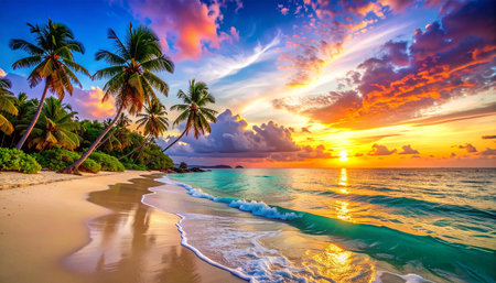 Tropical beach with palm trees at sunset, Seychellesの素材