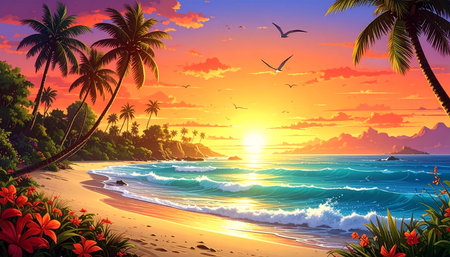 Tropical beach with palm trees at sunset. Vector illustration.の素材