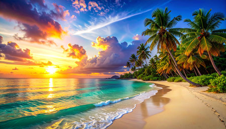 Beautiful sunset on paradise tropical beach with coconut palm tree - Holiday Vacation conceptの素材