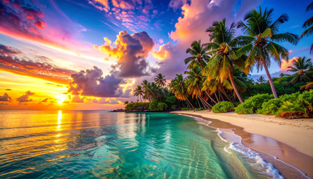 Beautiful tropical beach at Maldives island with coconut palm tree at sunsetの素材