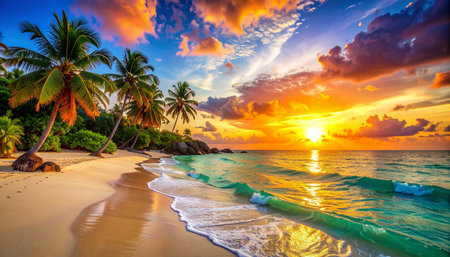 Beautiful tropical beach with palm trees at sunset, Seychellesの素材
