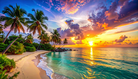 Beautiful sunset on the beach of paradise island with palm trees and sandの素材