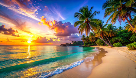 Beautiful sunset on paradise tropical beach with coconut palm tree - Holiday Vacation conceptの素材