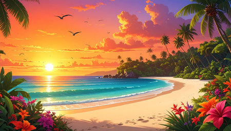 Tropical beach with palm trees and flowers at sunset, vector illustrationの素材