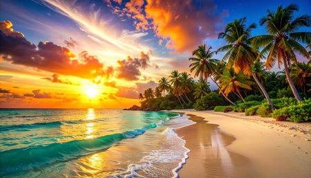 Beautiful sunset on paradise tropical beach with coconut palm tree - Holiday Vacation conceptの素材