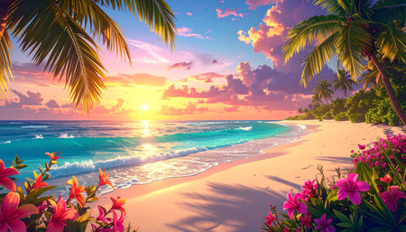 Tropical beach with palm trees and flowers at sunset. Nature backgroundの素材