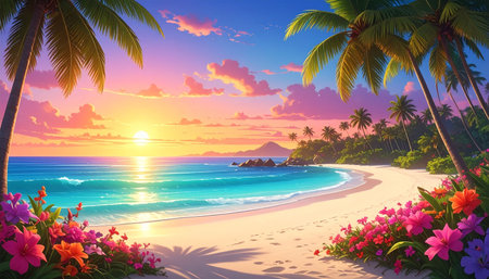 Tropical beach with palm trees and flowers at sunset. 3d renderの素材