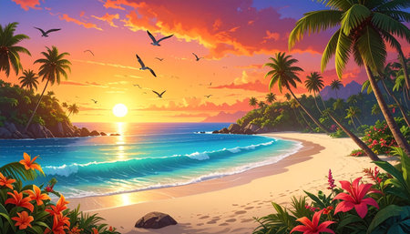 Tropical beach with palm trees and flowers at sunset, vector illustrationの素材