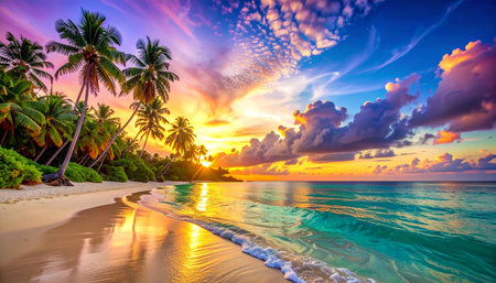 Beautiful sunset on the beach with palm trees at Maldives.の素材