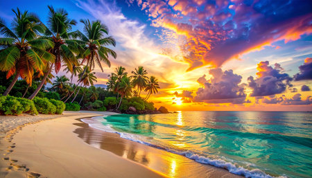Beautiful sunset on the beach at Seychelles - nature backgroundの素材