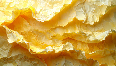 yellow crumpled paper as a background, closeup of photoの素材