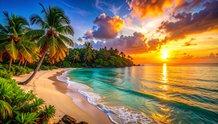 Beautiful sunset on paradise tropical beach with palm trees and turquoise waterの素材